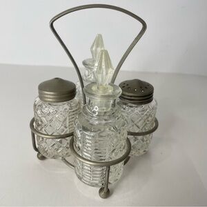 Eales of Sheffield Salt Pepper Vinegar Oil Cruet Set Caddy Clear Glass